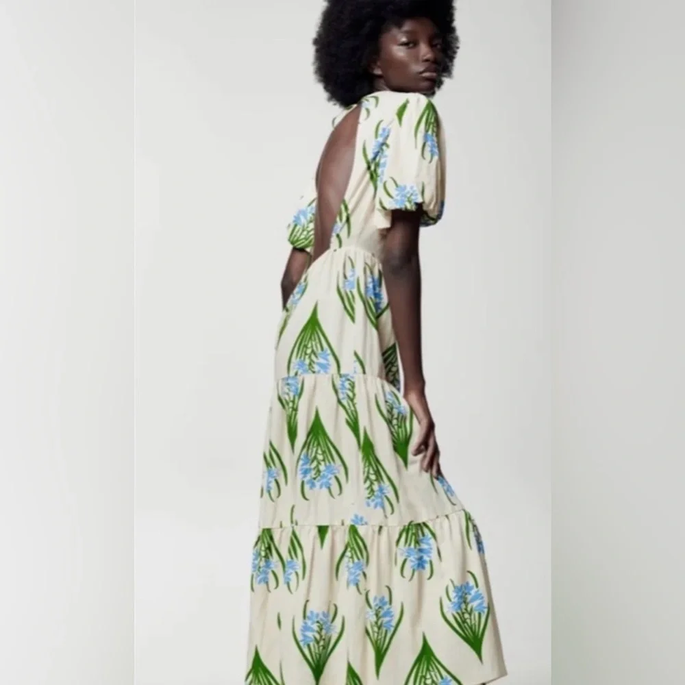 Zara Cream Backless Dress with Green and Blue Floral Design Medium - Picture 1 of 7